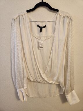 White House Black Market Surplice Sheer-Sleeve Blouse